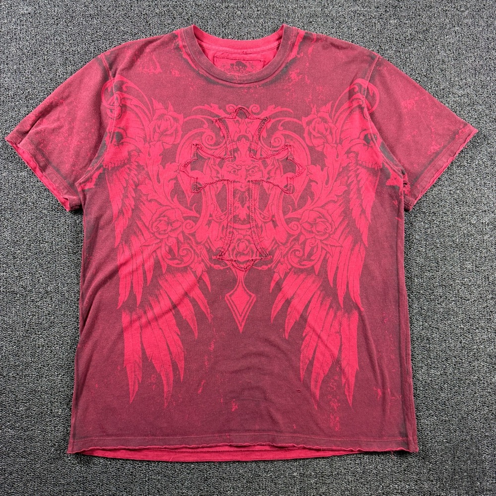 Xtreme Gear Mens Large Red Graphic T-Shirt Cross Wings Y2K Grunge Distressed